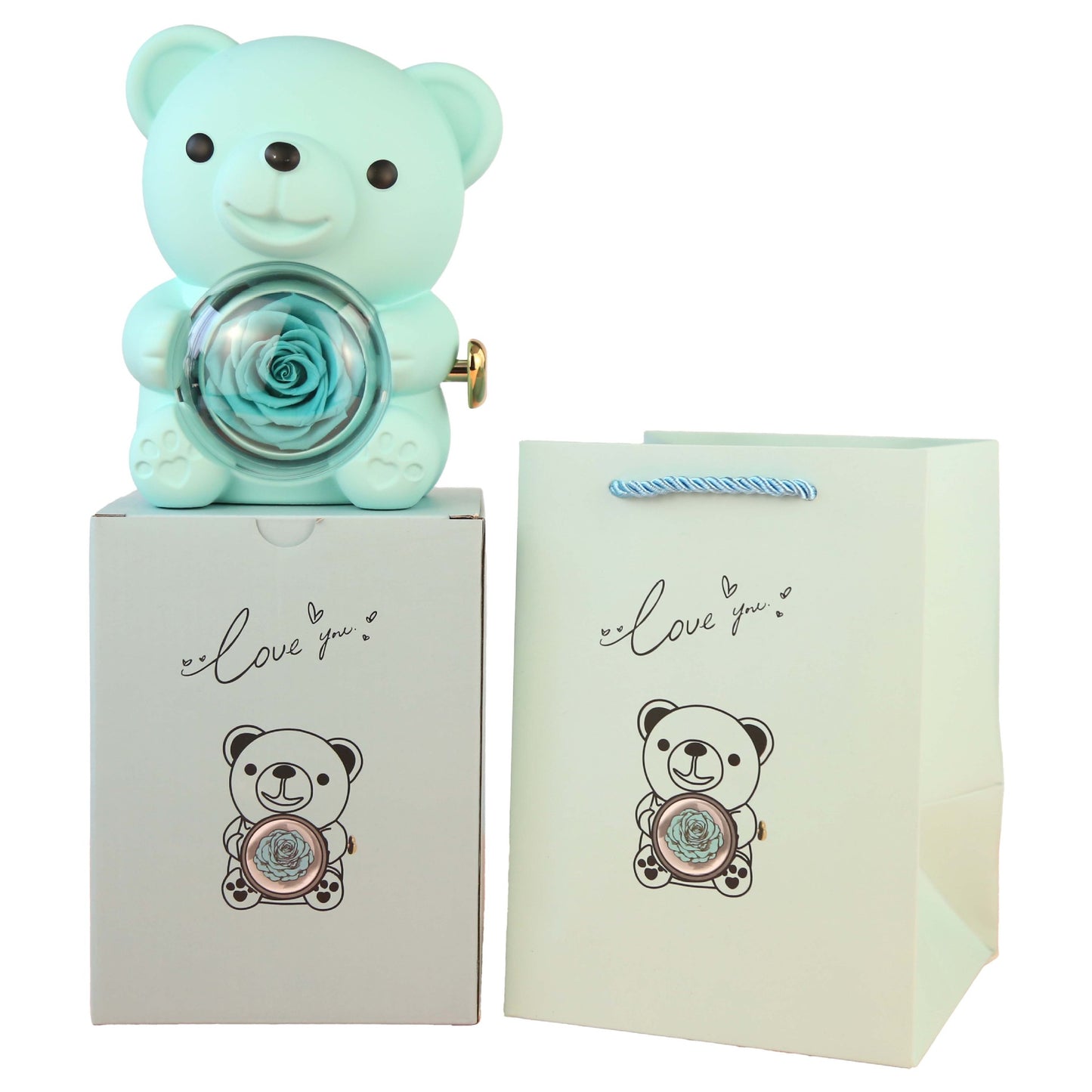 Teddy Bear with Real Preserved Rose & Necklace