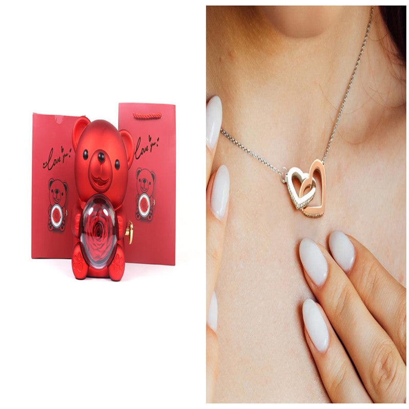 Teddy Bear with Real Preserved Rose & Necklace