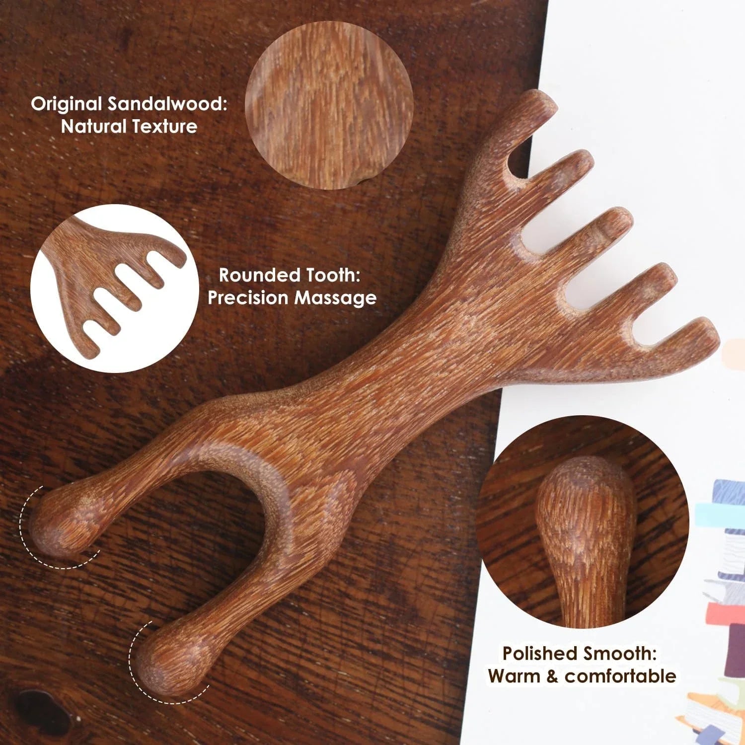 Natural Sandalwood Five-Claw Scalp Massager Gua Sha Tool Back Scratcher Spa Handheld Meridian Massage Comb Hair Care